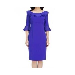 NEW NUE BY SHANI Sheath Dress. Built in shapewear. Ruffle collar Plum Sz 16 $320